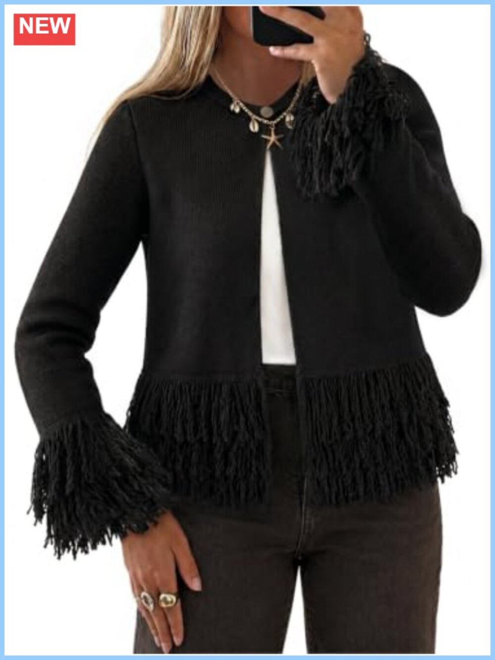 Fringe Crochet Cardigan Button Down Crew Neck Long Sleeve Knit Women
